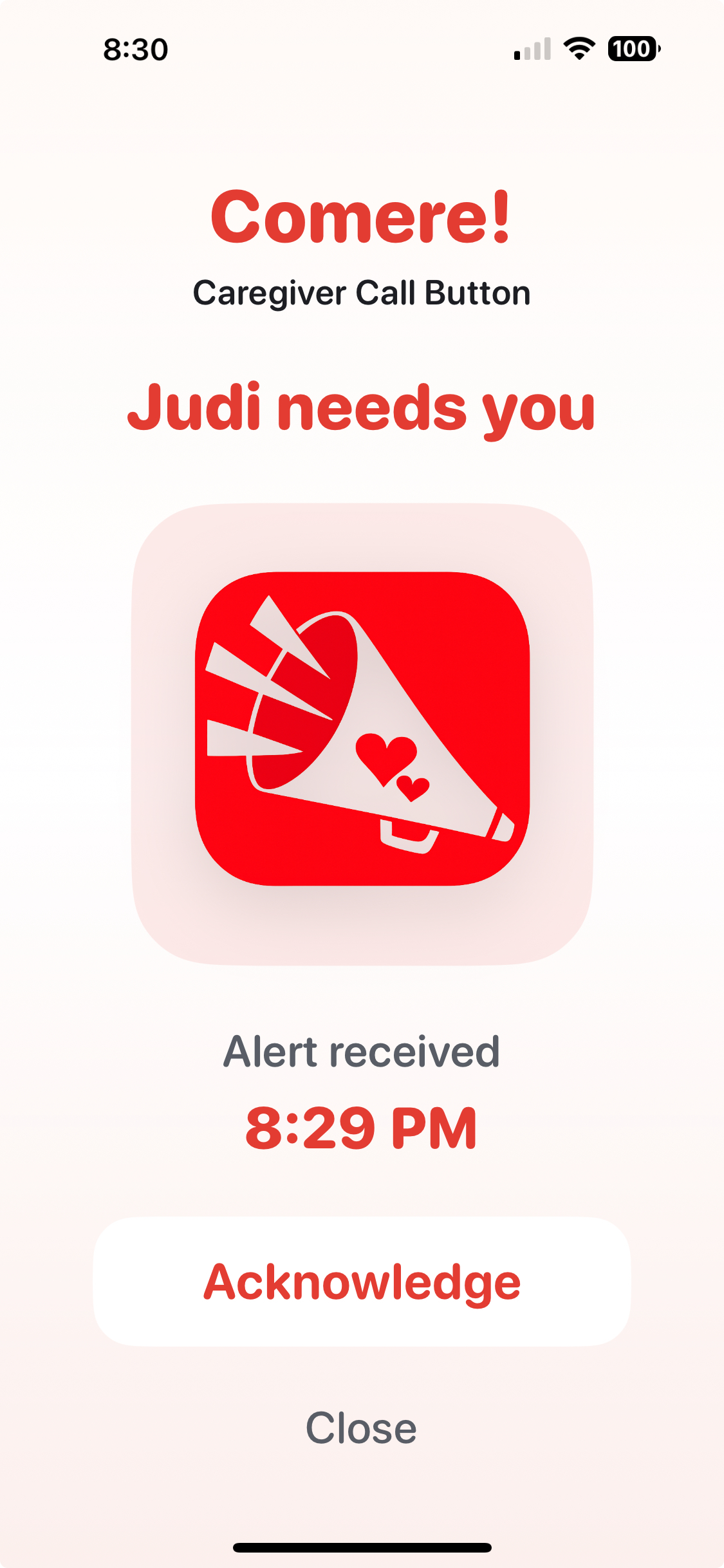 Caregiver screen showing a new Comere alert that Judi needs help