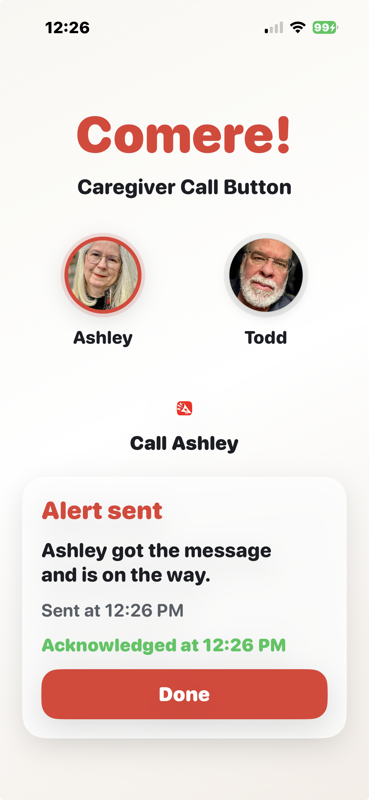 Patient screen confirming the caregiver got the message and is on the way